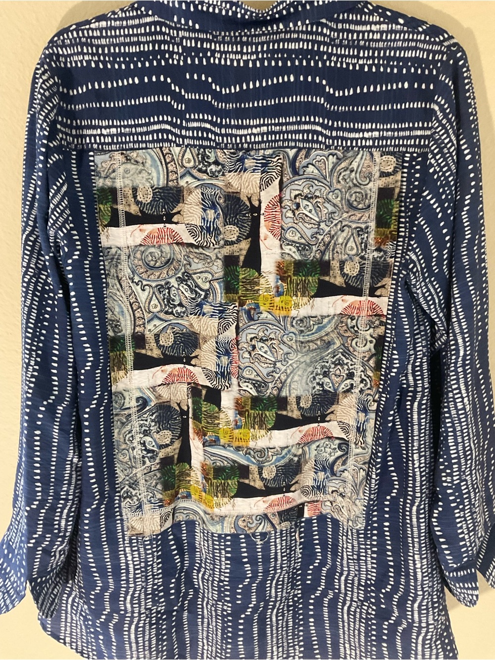 Shana Navy Patterned Long-Sleeve Tunic with Multicolor Back Panel
